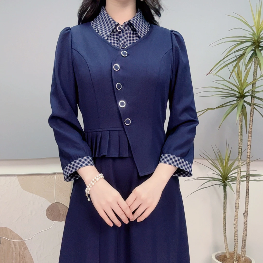 通勤显瘦时尚套装假两件极简风中长裙气质春秋收腰长袖藏蓝色新姿