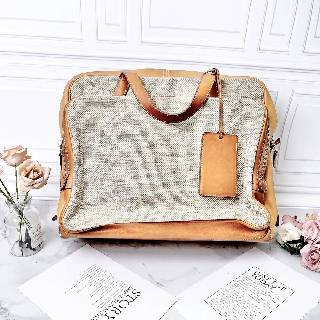 95新 Hermes/爱马仕 时空旅行者棕色帆布拼皮双层手提包时尚