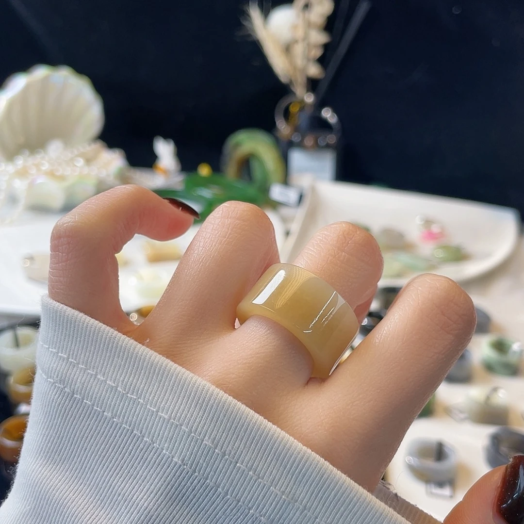 和田玉未镶嵌戒指k56 黄糖白直切17.3