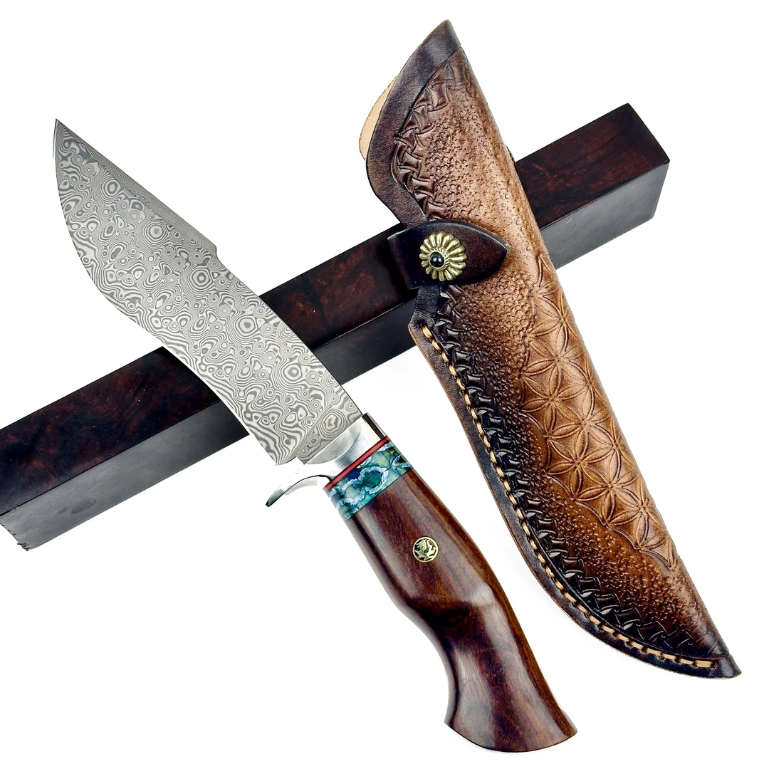 無限 大马士革无芯钢 黄檀木 家用户外切肉收藏把玩手工小刀