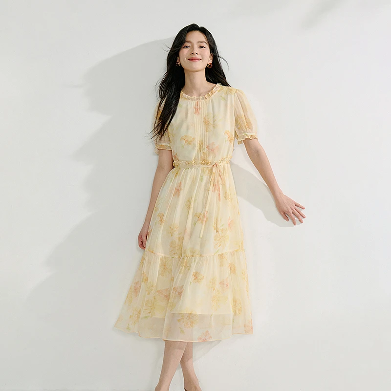 【一秒入夏】茵曼夏季度假风印花连衣裙花边圆领泡泡袖a字中长裙