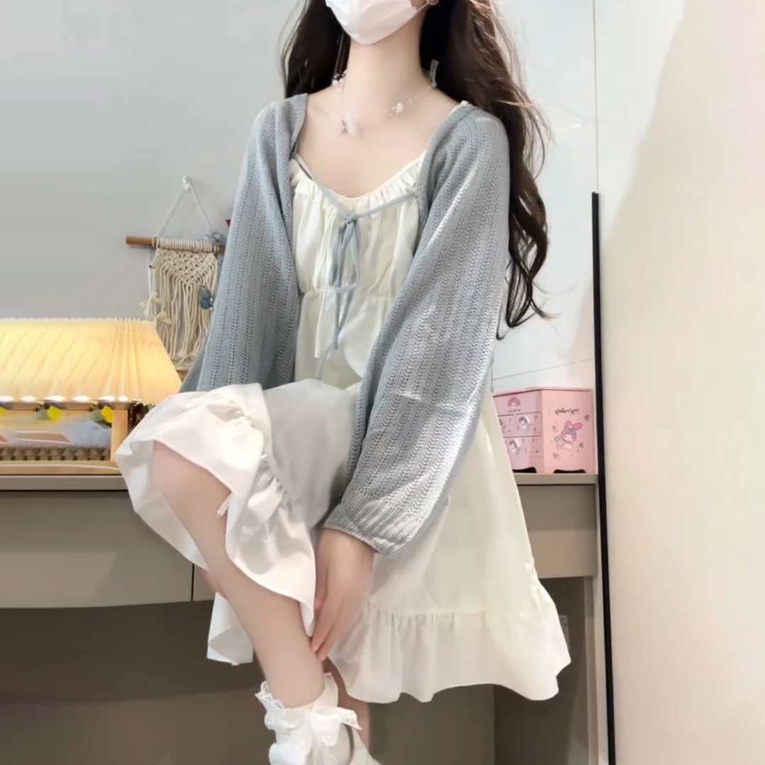 小个子甜美白色吊带连衣裙子女夏季2025新款两件套装女装夏装短裙