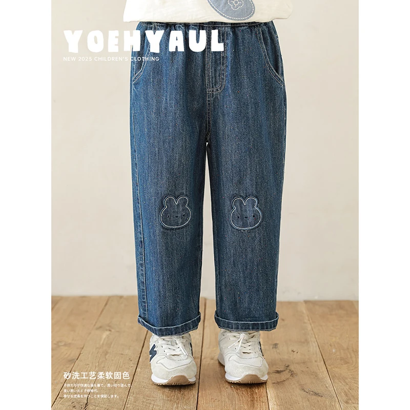 幼悠 【可爱小兔】春壹波春季柔软休闲洋气宽松兔子贴布牛仔裤C3011