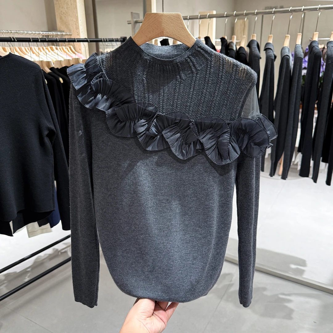 欧洲站2025秋冬新款时尚一字领拼木耳边毛针织衫百搭上衣女潮