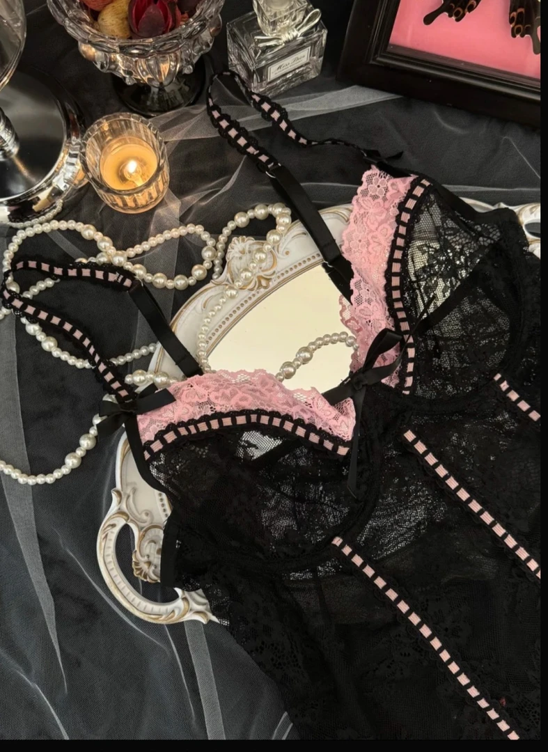 相思【80-160】纯欲辣妹蝴蝶结black pink拼色蕾丝边吊带裙