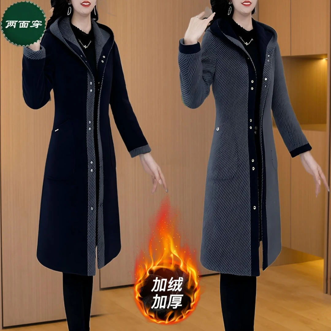品牌格纹减龄双面穿毛呢外套女2025秋冬新款休闲加厚保暖爆款大衣