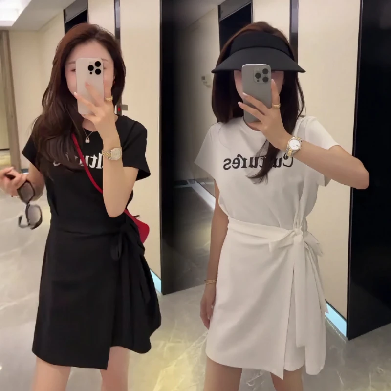 时尚减龄字母印花T恤裙女2025年夏季新款绑带中长连衣裙ins小众