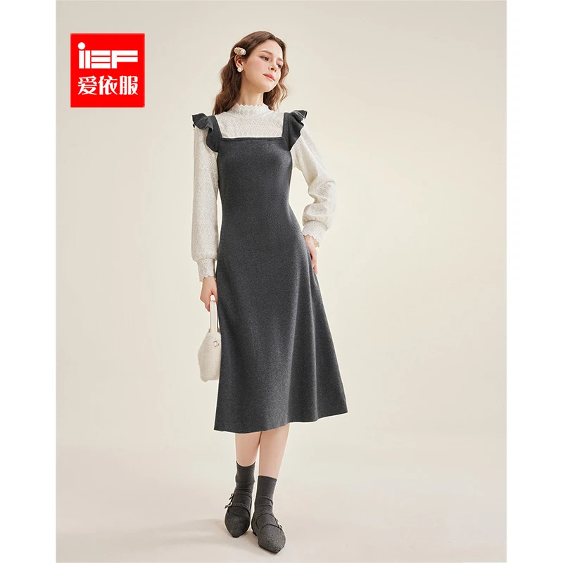 IEF/爱依服2025冬春新款法式浪漫淑女气质假两件设计显瘦连衣中裙