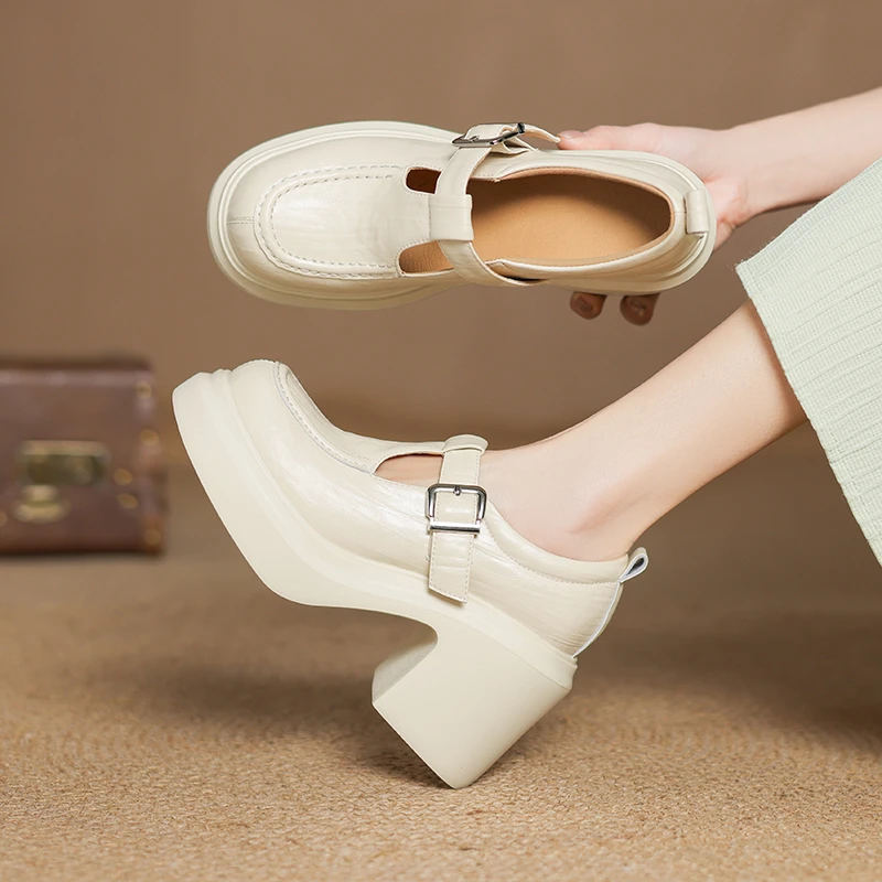 羊皮/跟高10cm/白色百搭复古法式粗跟厚底高跟英伦风舒适妈妈鞋