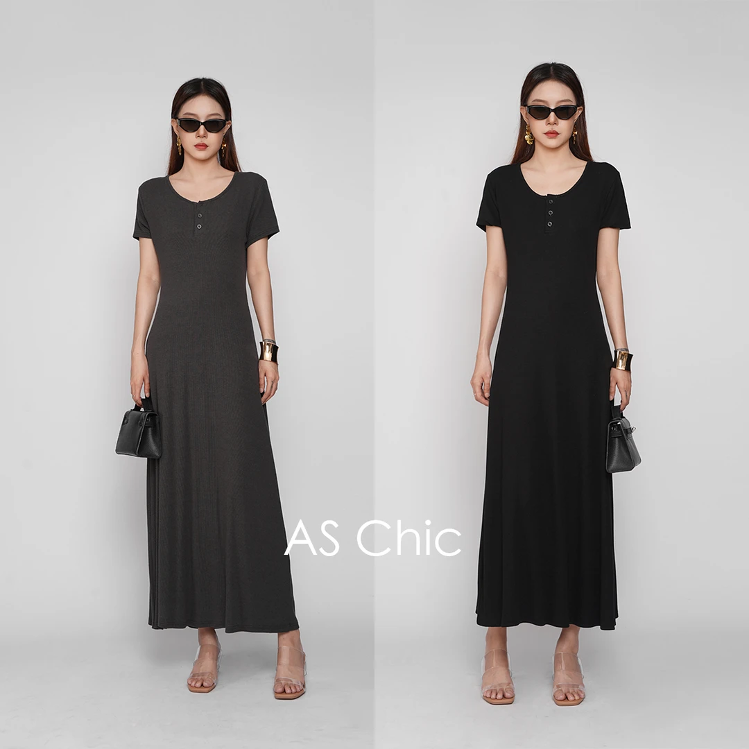 AS CHIC 25SS半门襟垂感T收腰恤连衣裙AS6343