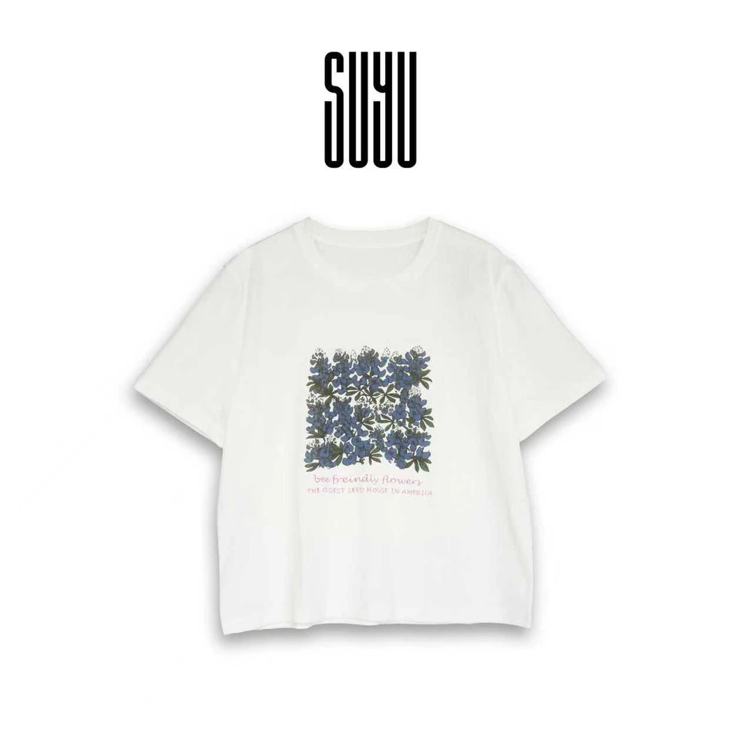 SUYU【秘密花园】时尚女装夏款白色宽松印花休闲短袖