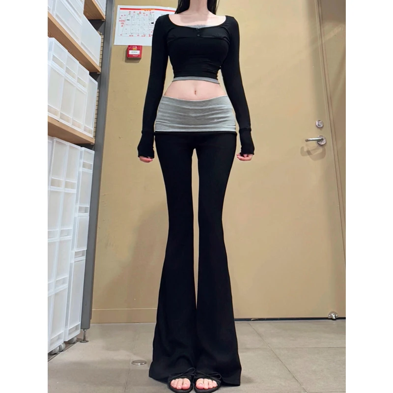 【珂塔芙】低腰拼色微喇叭休闲裤女春秋修身设计感小众显瘦运动裤子