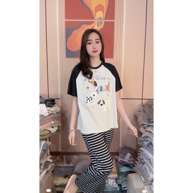 睡衣女夏季新款纯棉短袖长裤可爱家居服套装（狗狗派对短长）