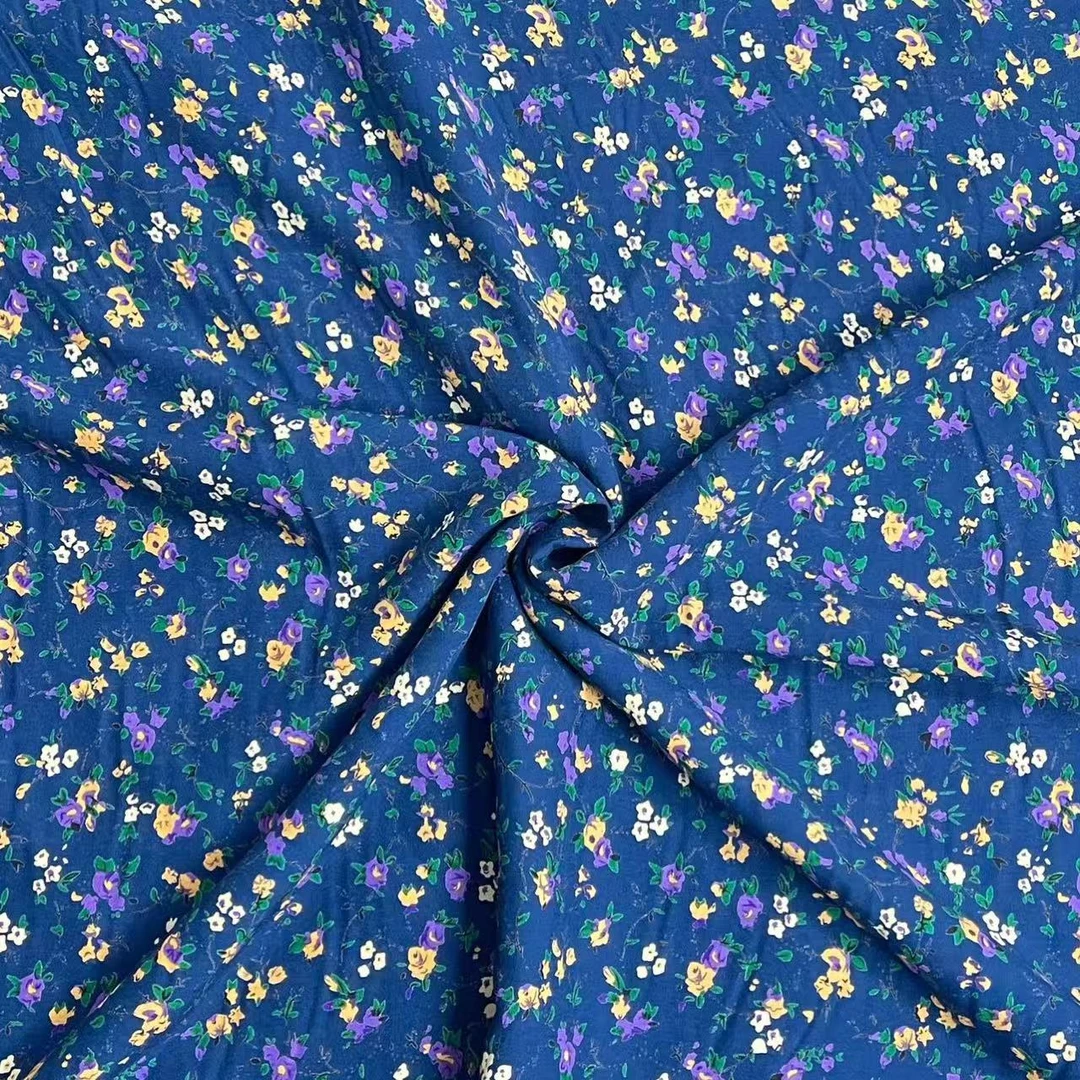 【云锦1店】25220-9号 雕印棉绸蓝底紫黄小碎花 服装布料面料