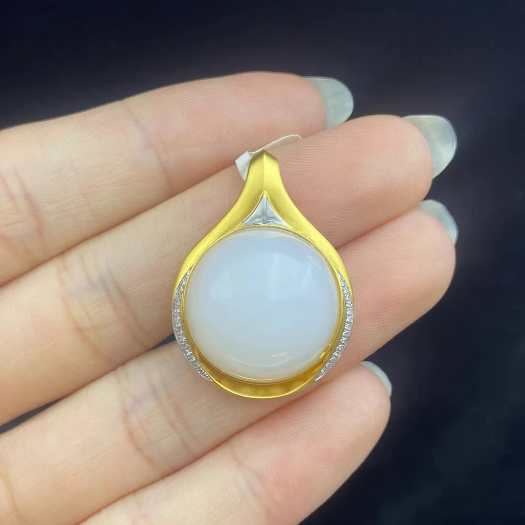 【华林同庆】18k金和田玉白玉蛋面吊坠 不含链 LM09