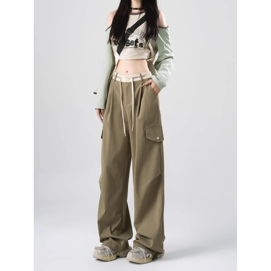 工装裤女运动束脚裤2025春季新款抽绳高腰宽松显瘦休闲直筒阔腿裤