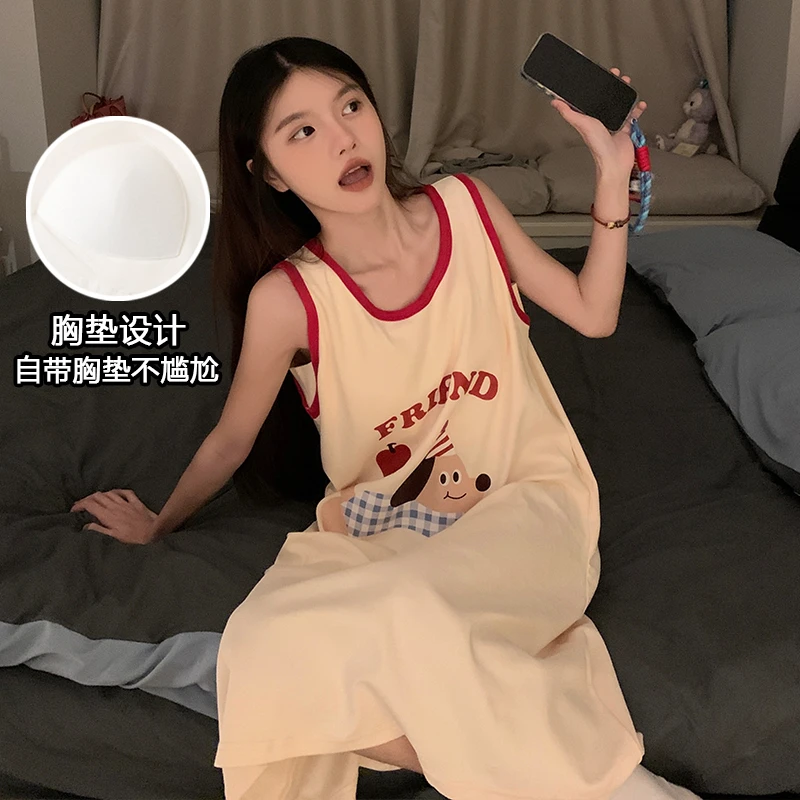 夏季带胸垫睡裙女夏季薄款无袖中长款吊带ins风可外穿显瘦睡衣裙