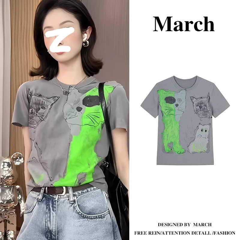 2025新款夏季大码小众别致印花体恤女小个子休闲百搭短袖t恤11266