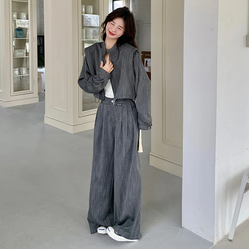 大方得体穿搭一整套早秋夹克短外套高级感灰色高腰阔腿裤两件套