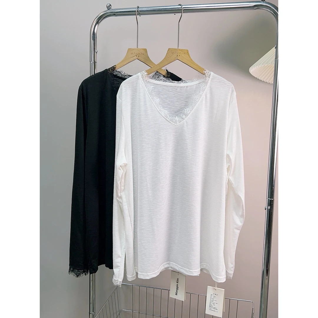 大码微胖mm蕾丝拼接打底衫气质休闲慵懒白色长袖T恤女年新款秋季V