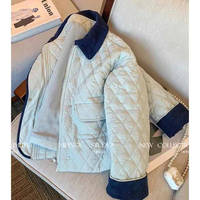 韩系Polol领拼接菱格短款棉服女冬季新款小众洋气小香风夹棉外套