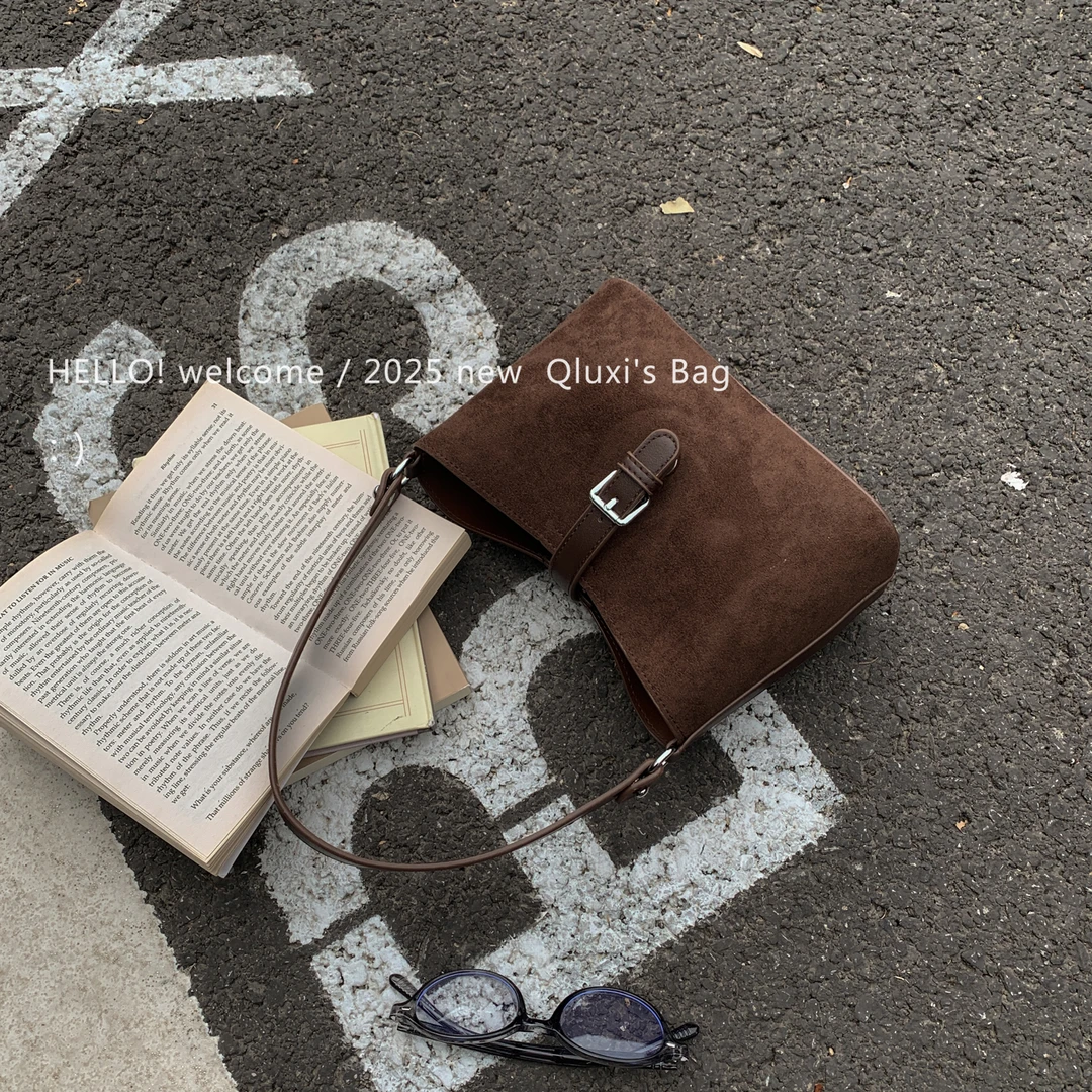 【QIANLUXI/千璐禧】 韩版秋冬新款小众马鞍包复古麂皮绒单肩斜挎包