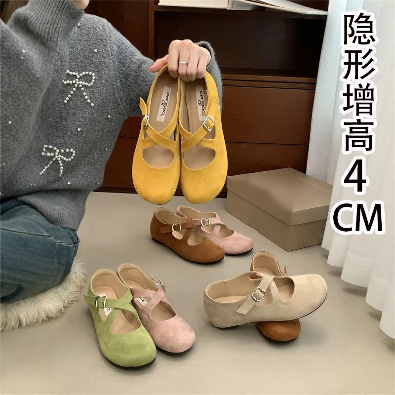 2025年春新款圆头增高单鞋女交叉扣带绒面玛丽珍鞋浅口奶奶鞋单鞋