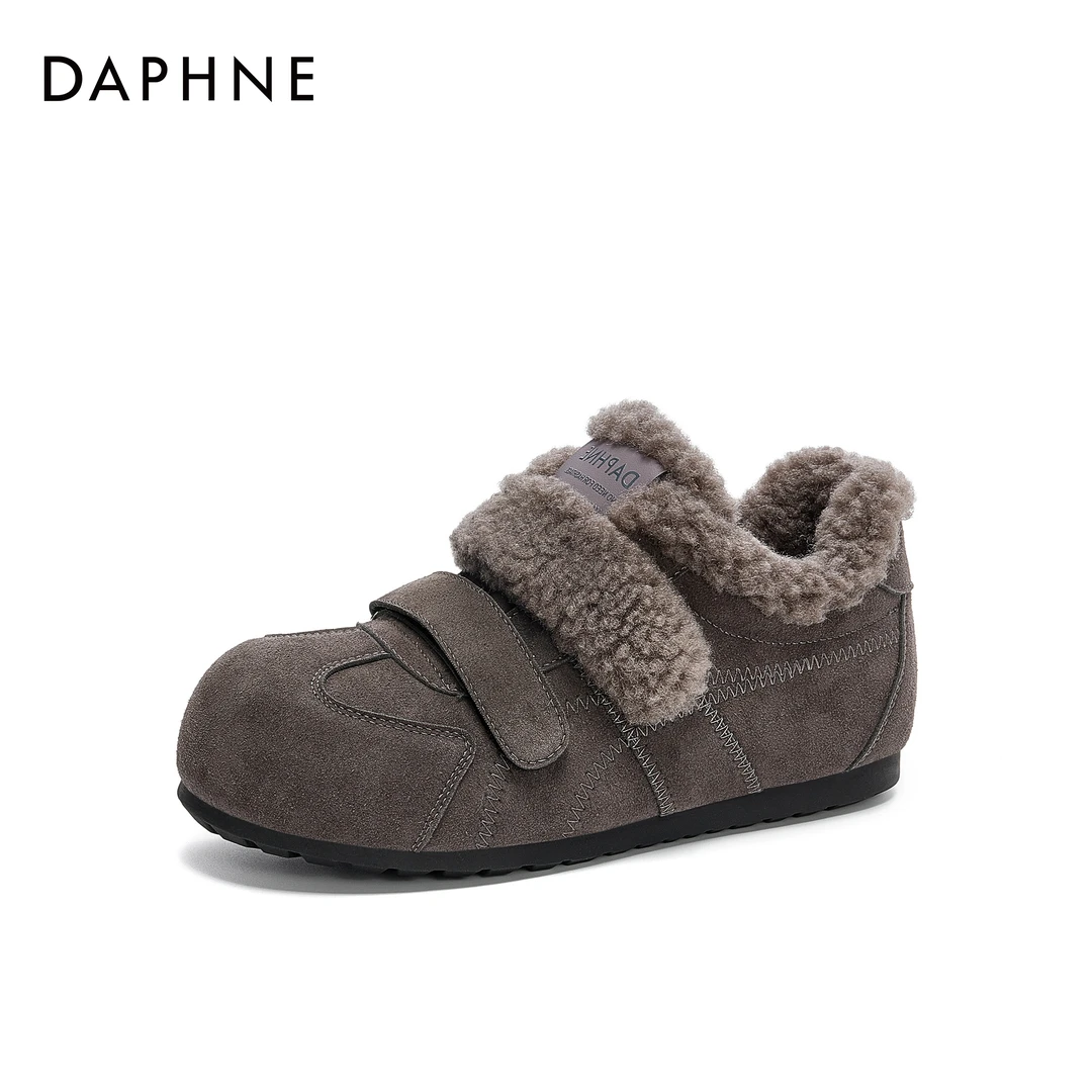 达芙妮新款便捷魔术贴舒适加绒保暖增高耐磨时尚百搭厚底休闲鞋