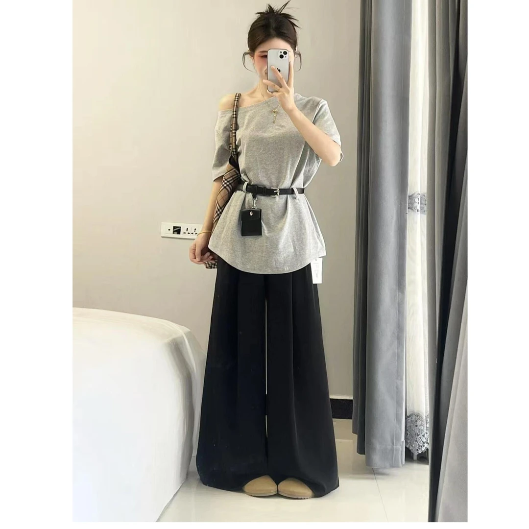 2025夏季新款韩系温柔风高级感灰色上衣搭配黑色休闲裤气质两件套
