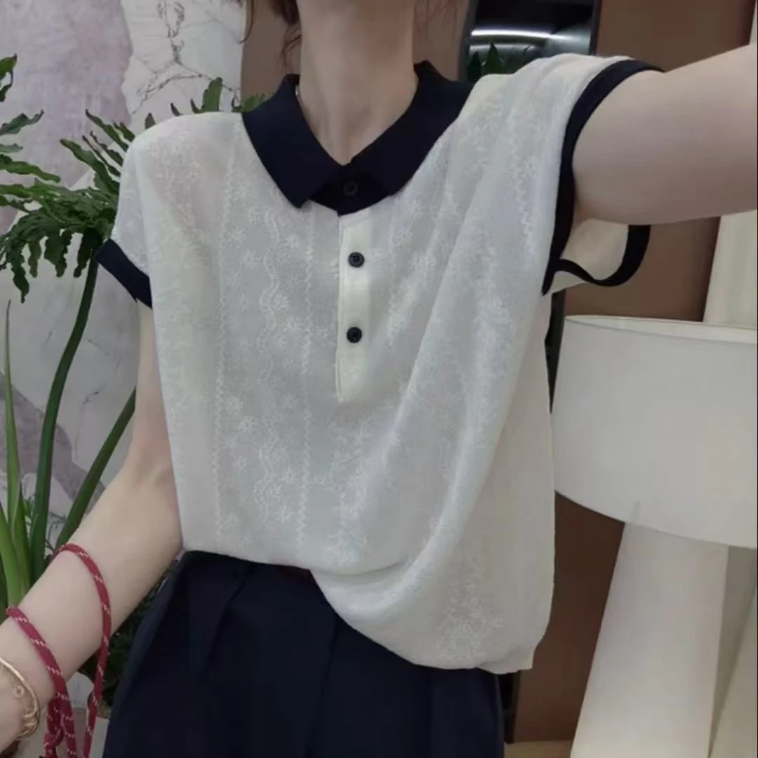 设计感新款提花拼色POLO领短袖上衣女时尚百搭韩版针织衫正肩T恤