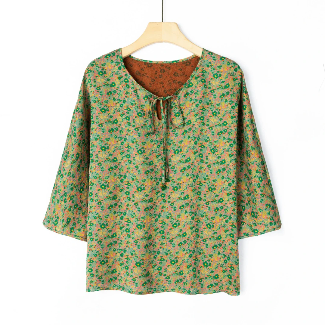 100%桑蚕丝红云沙花罗复古夏季万物生花国风百搭中袖T恤上衣86013