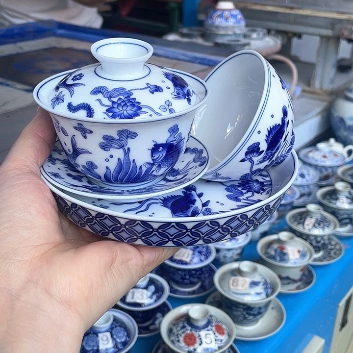 青花釉下彩盖碗杯子壶承