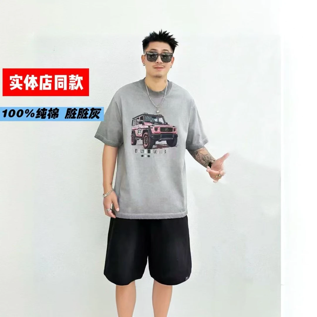 实体同款宽松纯棉美式越野车脏灰短袖2025深圳狼族新潮痞帅T恤男