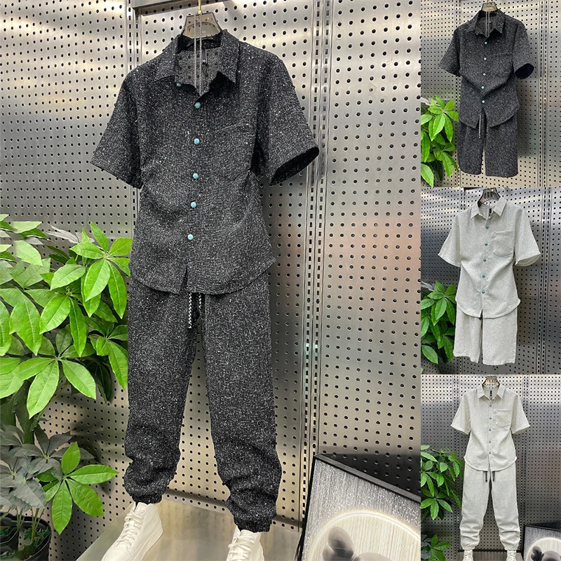 夏季新品潮流时尚满天星休闲套装男士气质百搭翻领衬衫长裤两件套