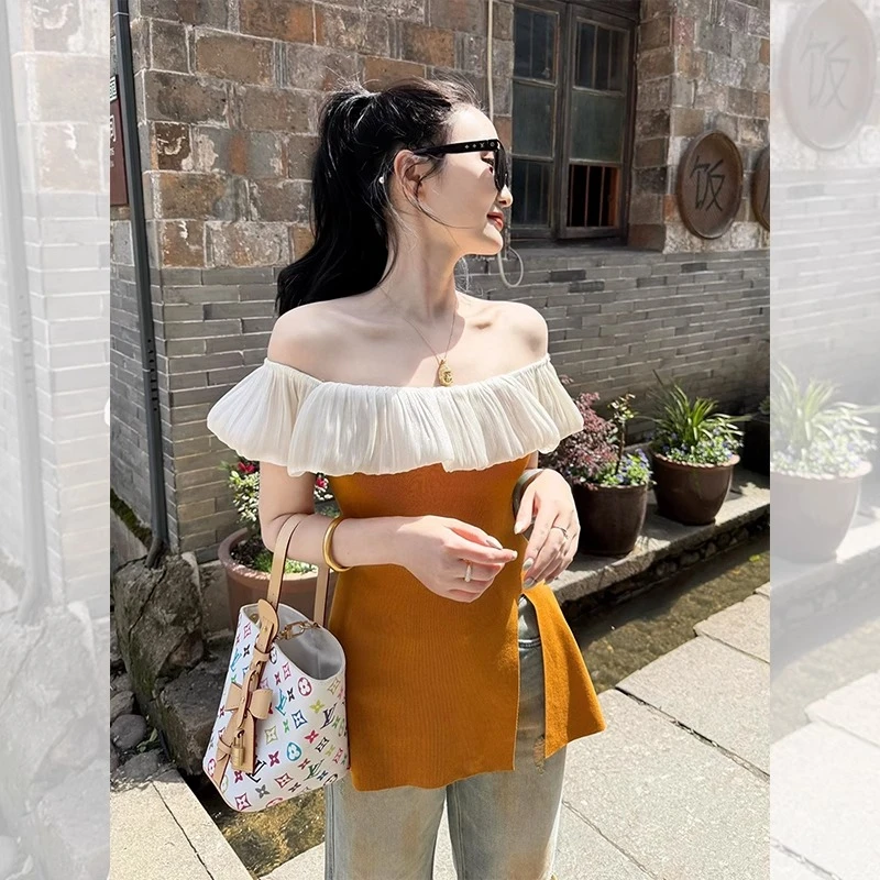 韩系荷叶边一字领针织短袖t恤女夏季不规则开叉短款修身露肩上衣