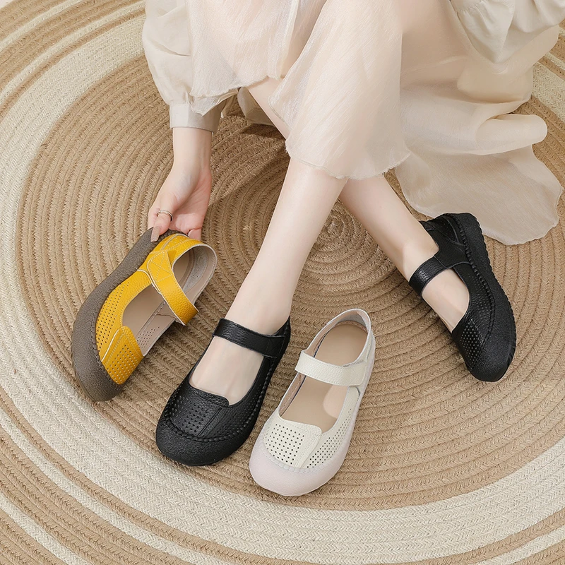 头层牛皮浅口单鞋休闲春夏防滑软底透气洞洞鞋平底一脚蹬妈妈鞋