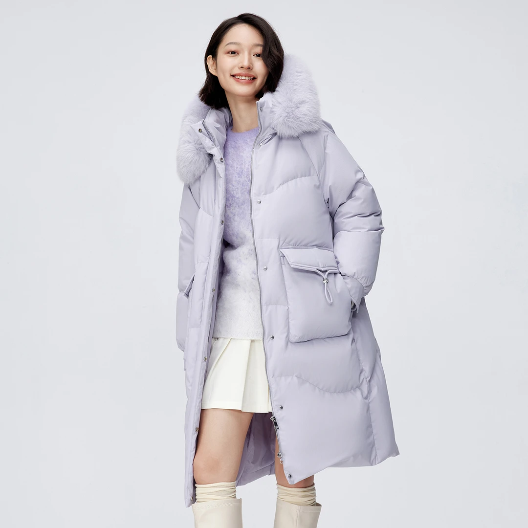 波司登冬季女中长款狐狸毛领加厚大口袋显瘦休闲羽绒服B40145212