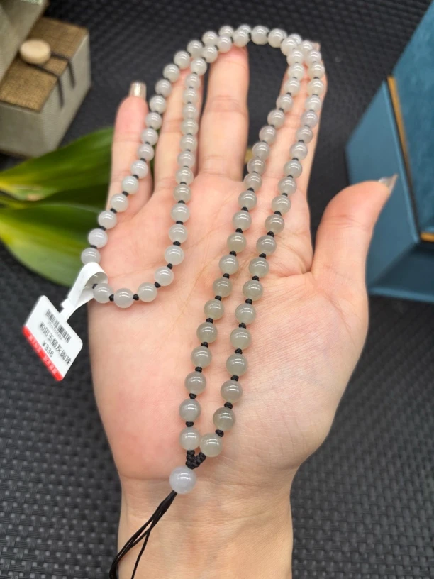 精美和田玉青海料烟灰色圆珠6mm项链佛公玉石挂绳颈饰毛衣链长款