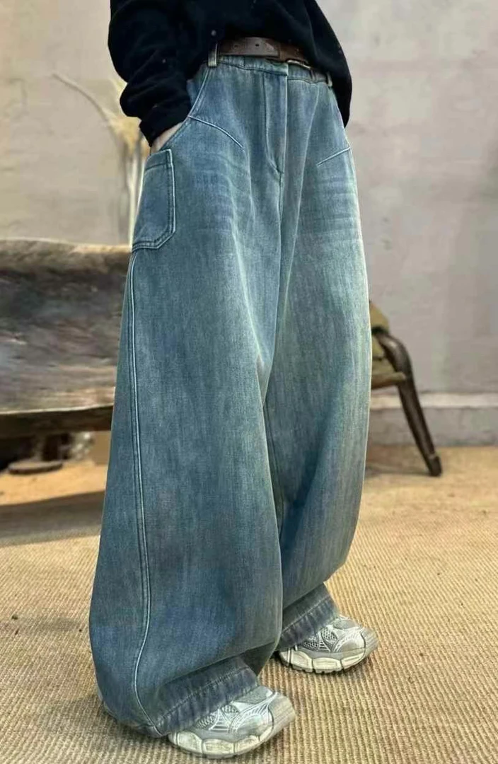 木易初见加厚中高腰水洗牛仔裤 宽松做旧个性款自由随性