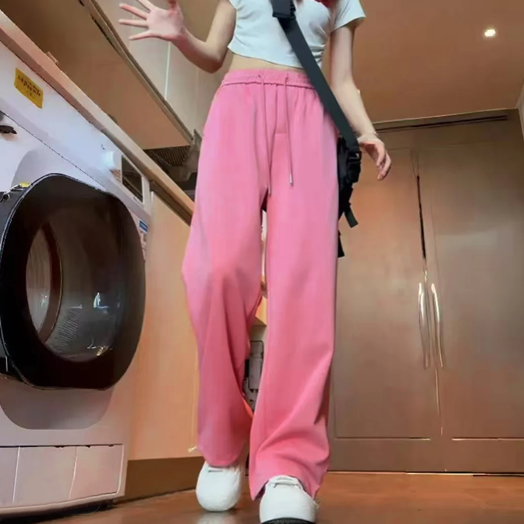 女士直筒阔腿裤设计感纯色抽绳百搭显瘦休闲松紧腰春秋减龄1F557