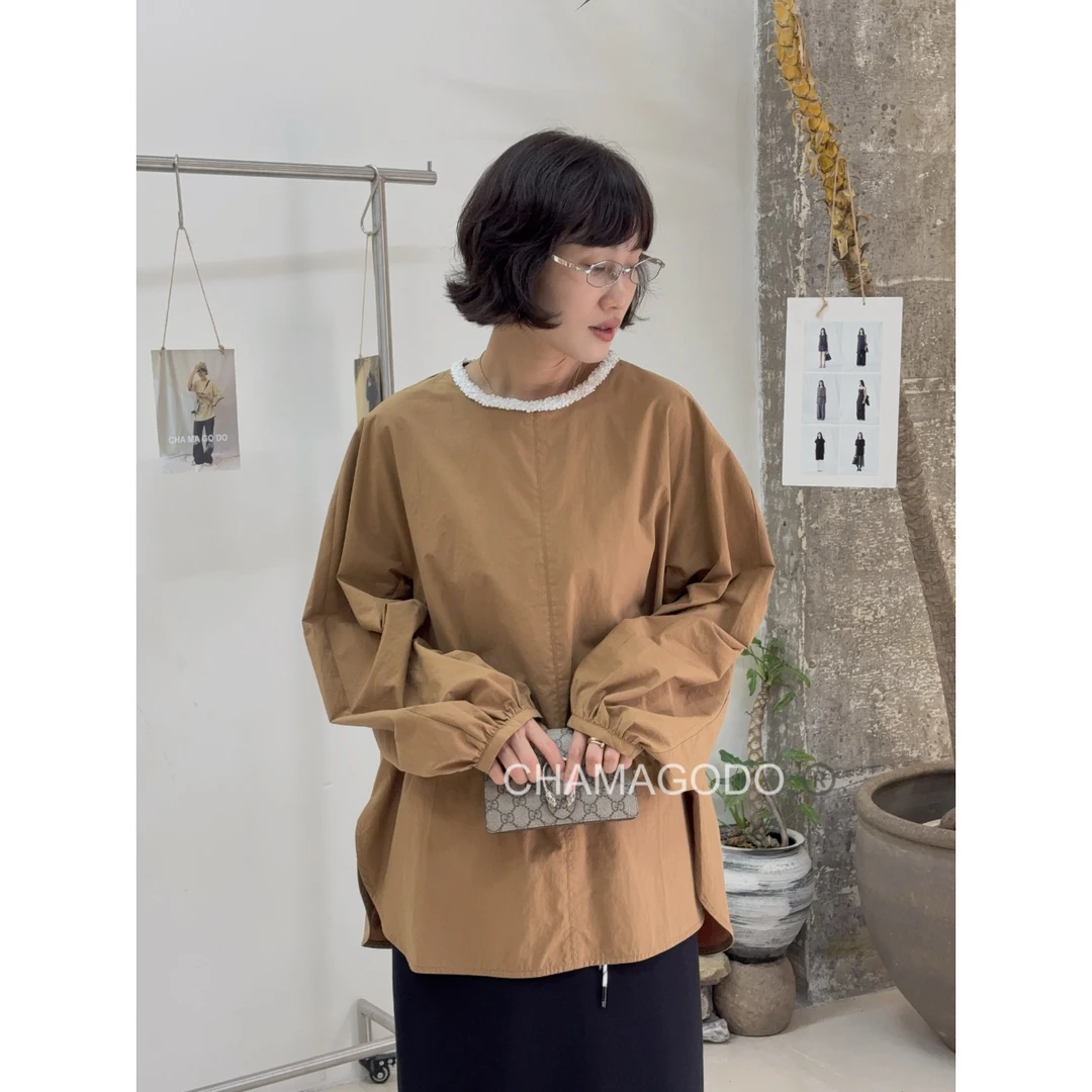 CHA MA GO DO10328纯色百搭设计感亮片花边领衬衣