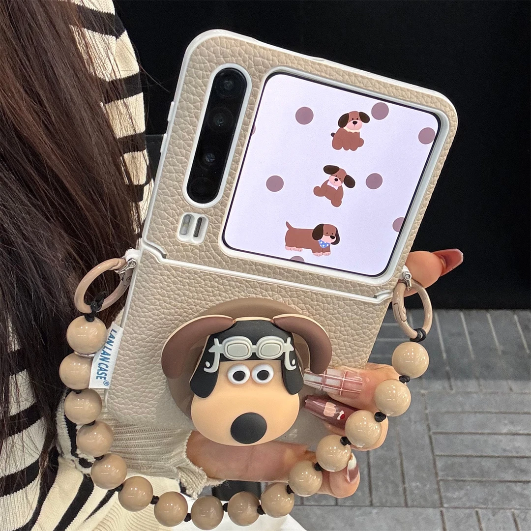 适用华为purax折叠屏手机壳浅棕色皮纹pocket2掌门狗磁吸支架链条