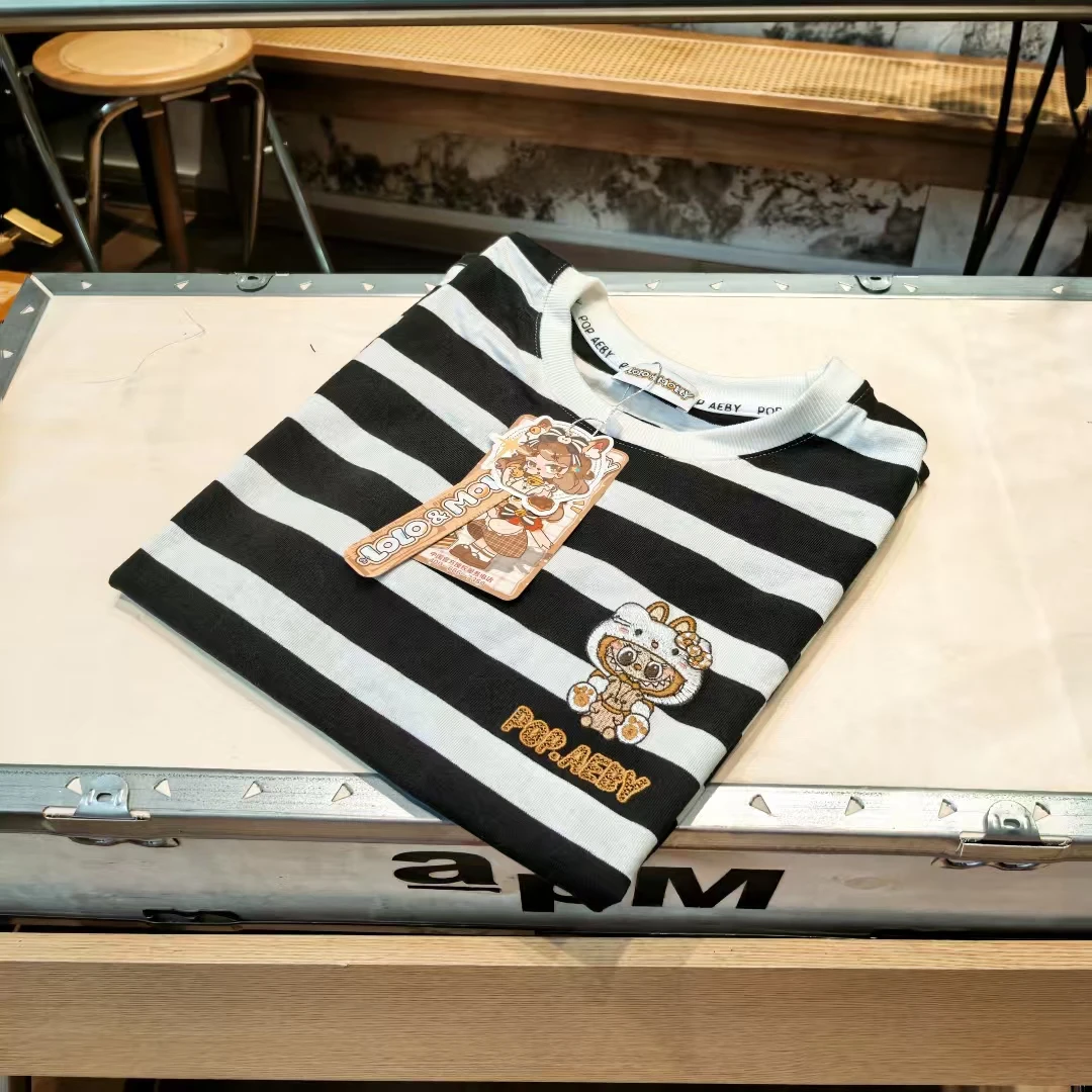 韩国尾单 布布条纹款刺绣短袖T恤 青岛代工 2393