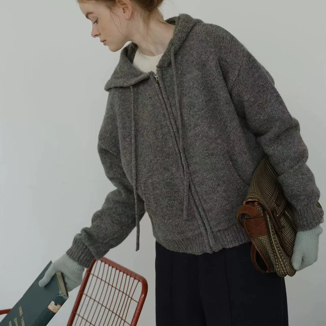 加厚连帽长袖针织开衫女秋冬保暖毛衣双拉链外套8987