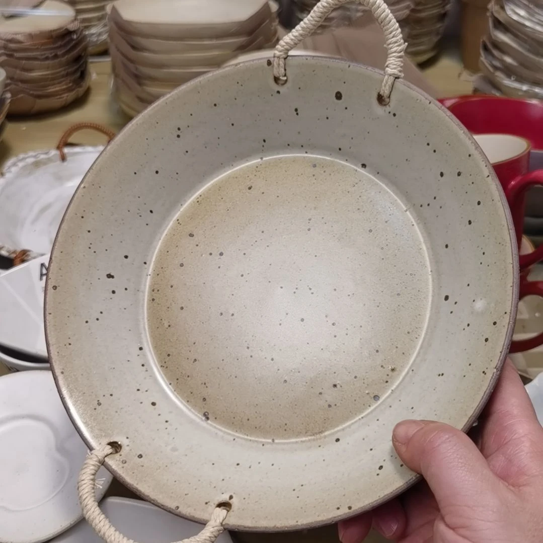 瓷片正品粗陶九寸深盘提绳一个