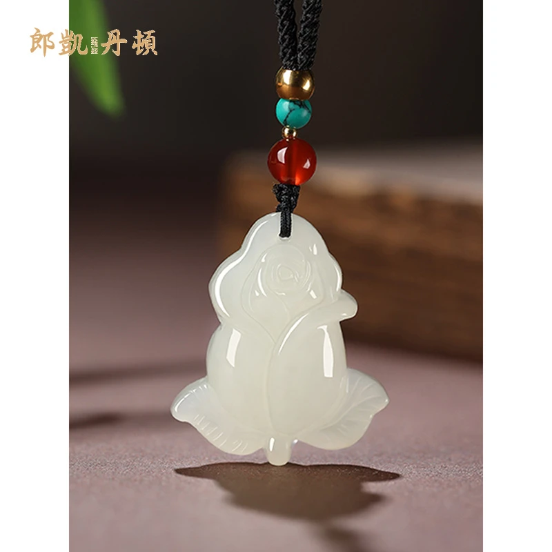 和田玉吊坠玫瑰花女项链七夕情人节送女友女朋友生日高档礼物玉坠