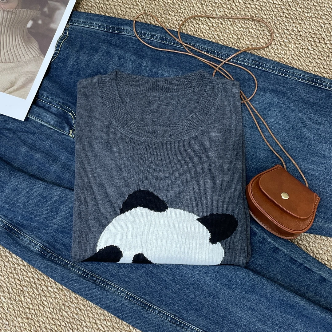 卡通熊猫提花针织衫春夏季新款女士简约短袖百搭短款显瘦上衣潮