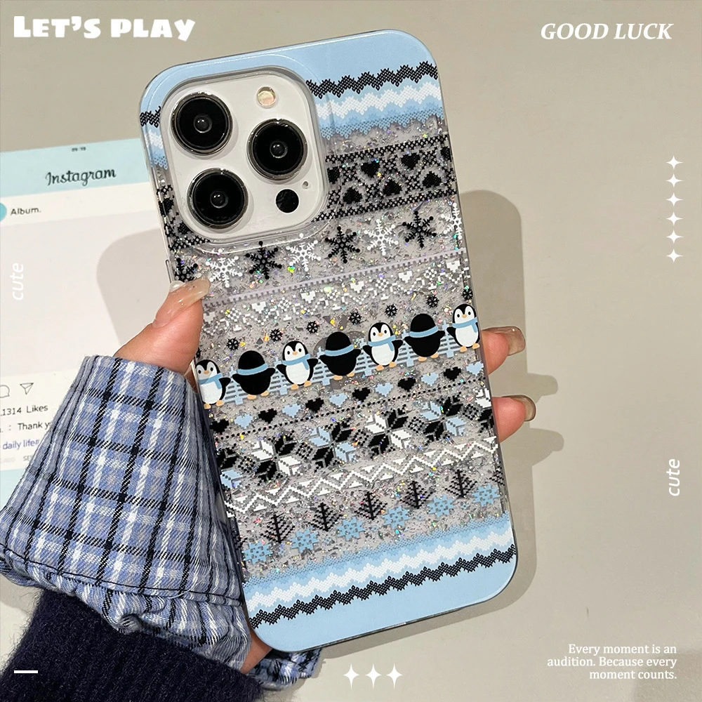 支架滴胶闪粉适用苹果16PROMAX可爱企鹅手机壳1凯蒂猫防摔保护套