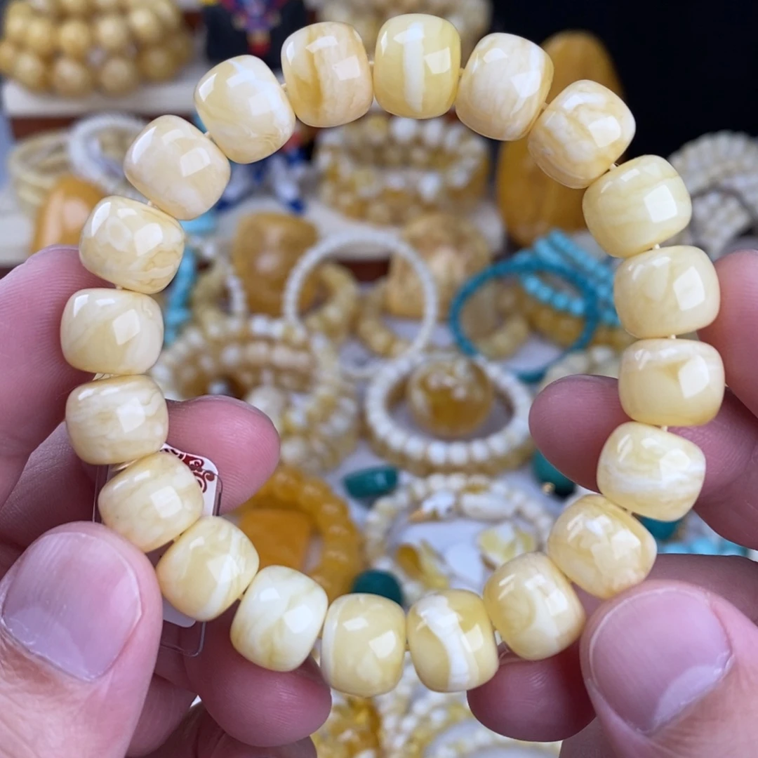 蜜蜡未镶嵌手链瓷白细纹白蜡虎皮10mm