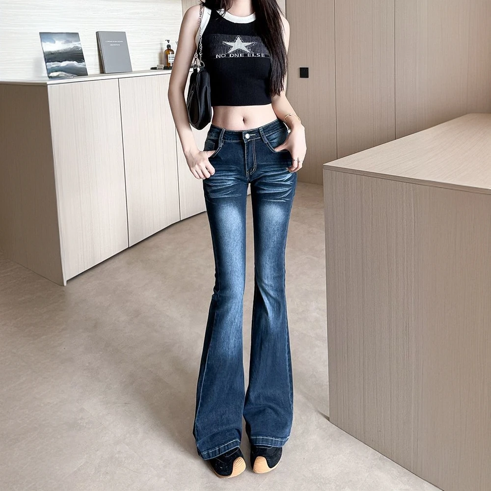 美式复古辣妹低腰微喇牛仔裤秋装女款爆款2025新款显瘦弹力喇叭裤